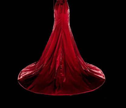 Robe de bal vintage sirène à fines bretelles bordeaux, inspiration classique, robe de soirée formelle N1993