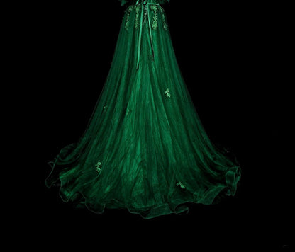 Robe de bal longue vintage vert foncé à bretelles spaghetti et dentelle perlée, coupe trapèze, référence N1827