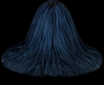 Vintage Ballkleid mit Herzausschnitt, marineblauer Tüll, 80er Jahre, Abendkleid, formelles Kleid zum 16. Geburtstag, langes Ballkleid N1757