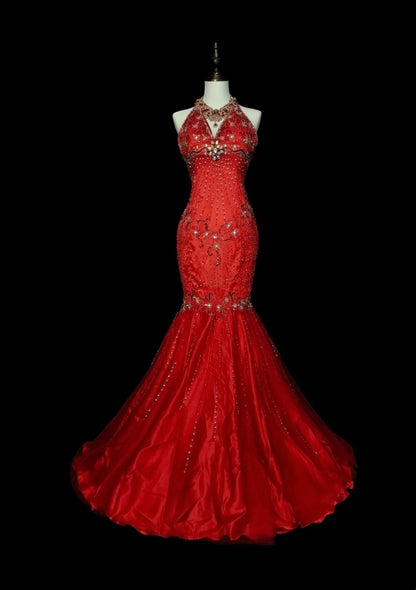Vintage Meerjungfrauen-Abendkleid, hochgeschlossen, rot mit Perlen, ärmellos, 80er Jahre, langes formelles Partykleid N1467