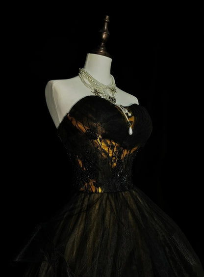 Robe de bal vintage bustier cœur en tulle noir sans manches années 80, robe de soirée longue et élégante N1460