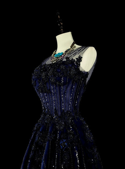 Vintage 1780s A line Sweetheart Navy Blue Tulle Sleeveless With Beadings Long Prom Dresses N1589