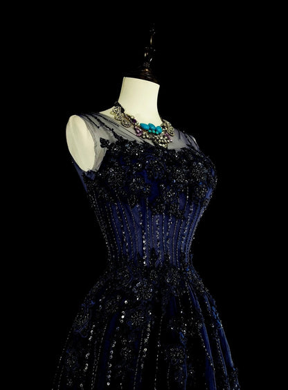 Vintage 1780s A line Sweetheart Navy Blue Tulle Sleeveless With Beadings Long Prom Dresses N1589