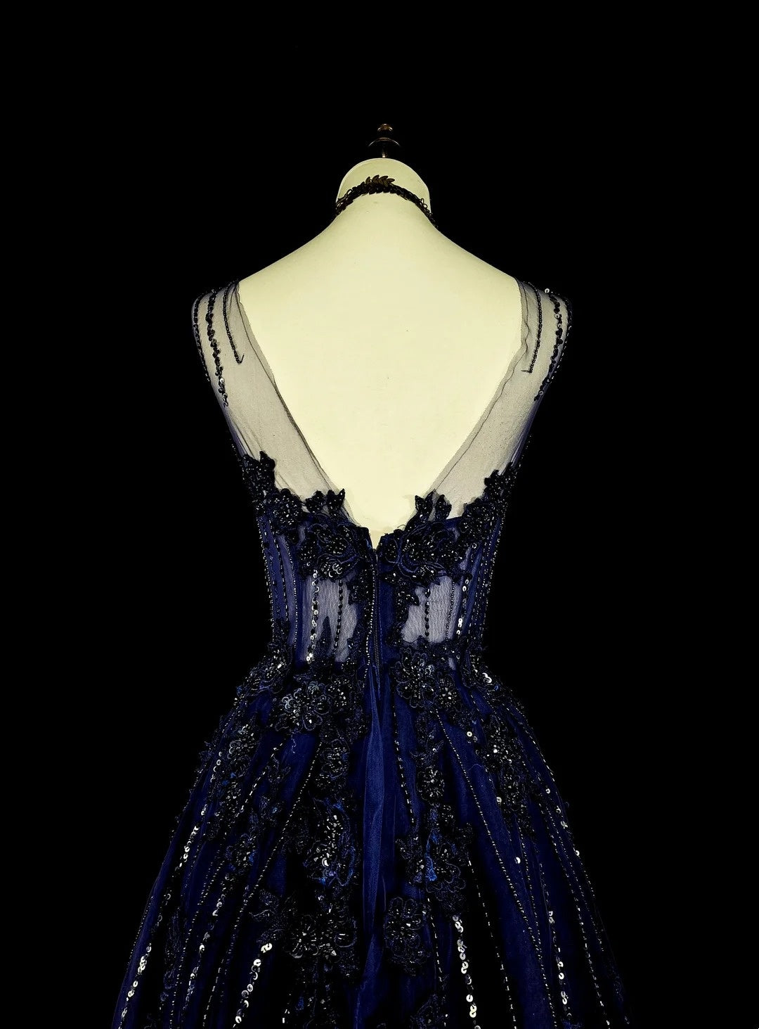 Vintage 1780s A line Sweetheart Navy Blue Tulle Sleeveless With Beadings Long Prom Dresses N1589