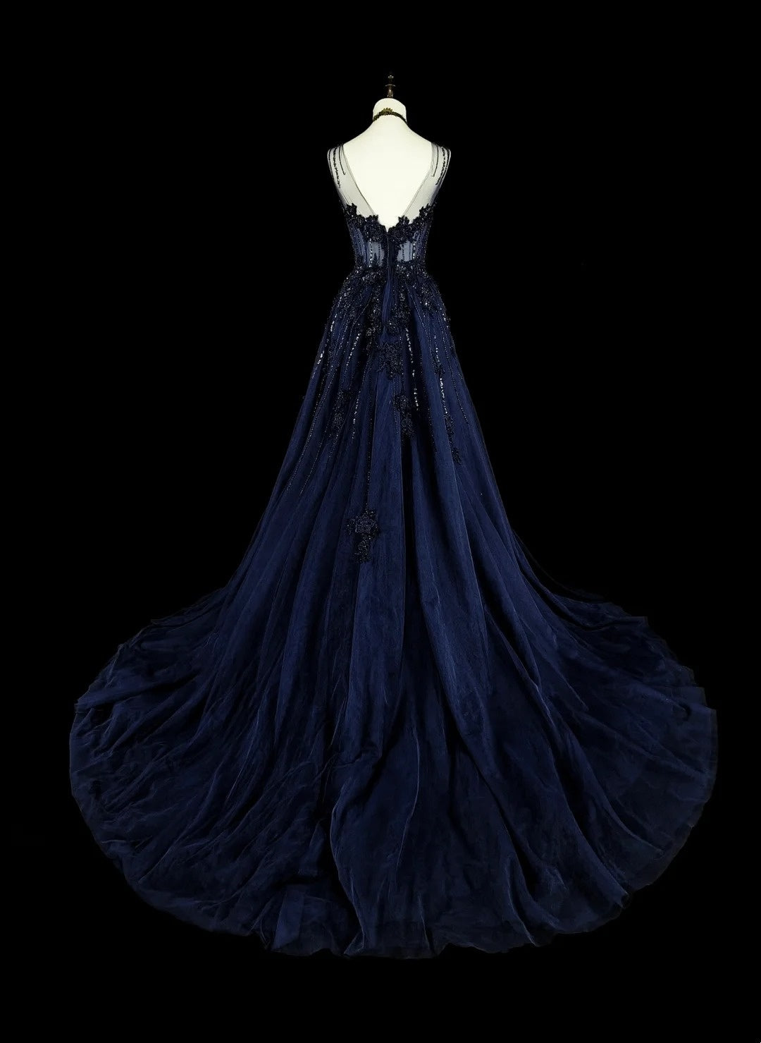 Vintage 1780s A line Sweetheart Navy Blue Tulle Sleeveless With Beadings Long Prom Dresses N1589