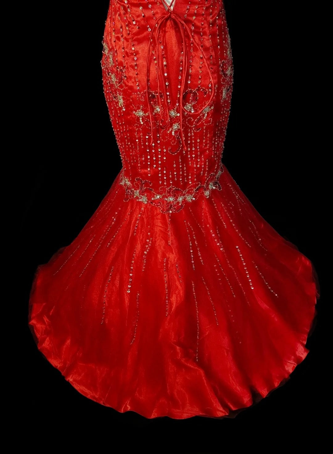 Vintage Meerjungfrauen-Abendkleid, hochgeschlossen, rot mit Perlen, ärmellos, 80er Jahre, langes formelles Partykleid N1467