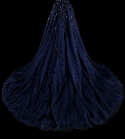 Vintage 1780s A line Sweetheart Navy Blue Tulle Sleeveless With Beadings Long Prom Dresses N1589