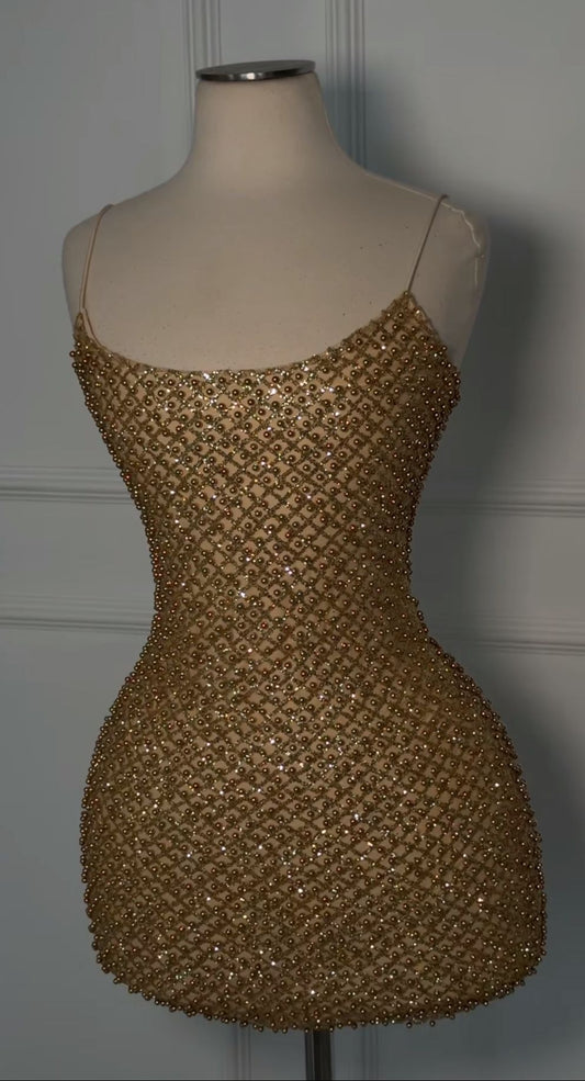 Sparkly Sheath Spaghetti Strap Gold Sequin Mini Senior Inspo Short Birthday 17th Party Outfits Homecoming Dresses RB3161