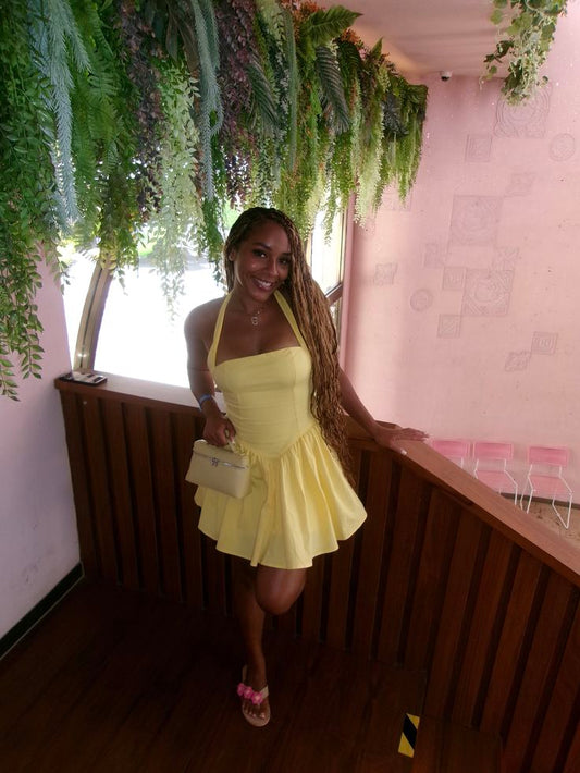 Elegant Ball Gown Halter Yellow Satin For Black Girls For Teens Party Short Mini 19th Birthday Dresses Hoco Outfit RB3784