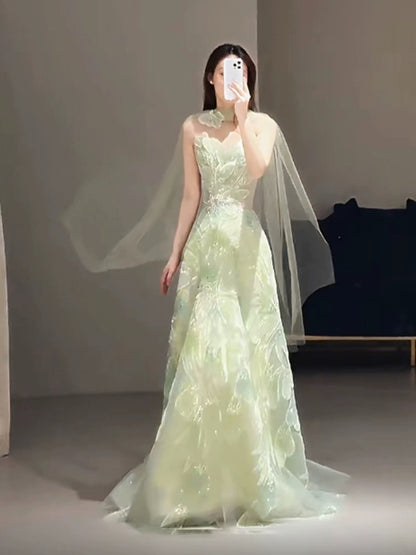 Robes de bal de princesse Coupe A bretelles vert avec écharpe perles soirée longue robe de cérémonie N4296