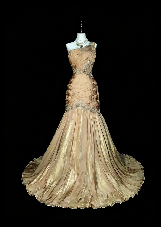 Robe de bal longue sirène vintage asymétrique en tulle champagne, sans manches et plissée, années 80, référence N1474