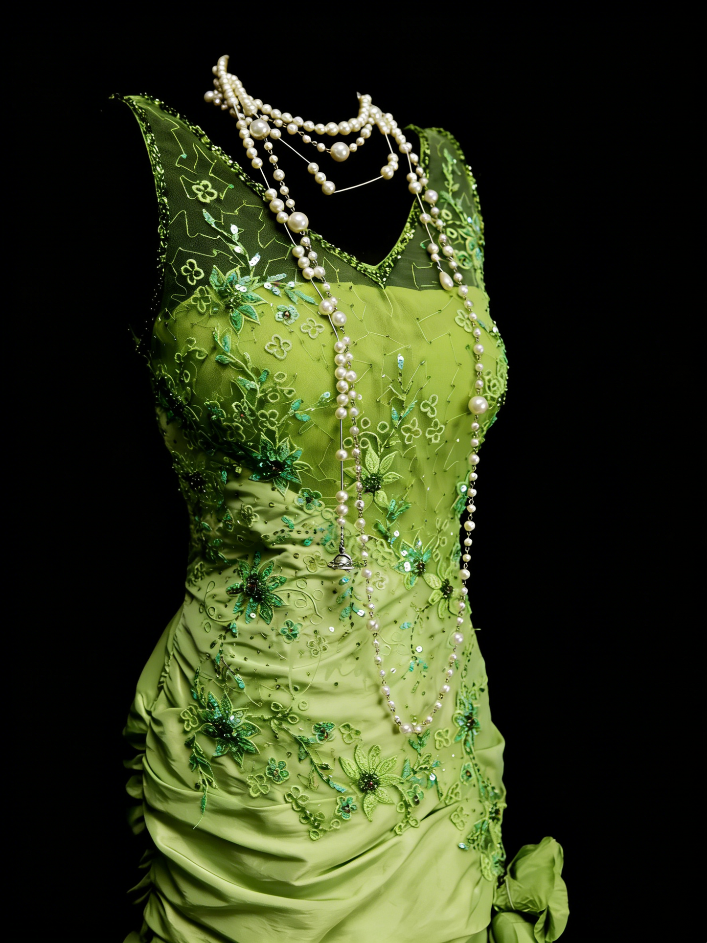 Robe de bal longue sirène vintage années 90 en satin vert bourgeon ornée de perles, col en V, référence N1385