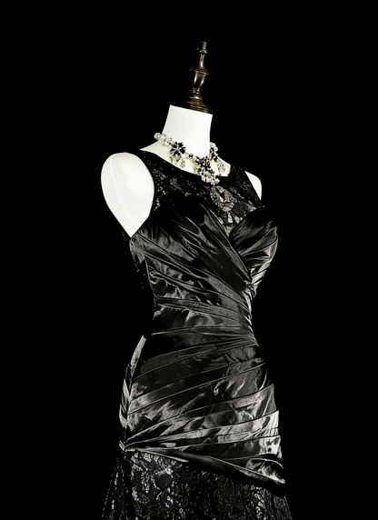 Vintage 1960s Boat Neck Sleeveless Satin Pleated Mermaid Long Prom Dresses N1574