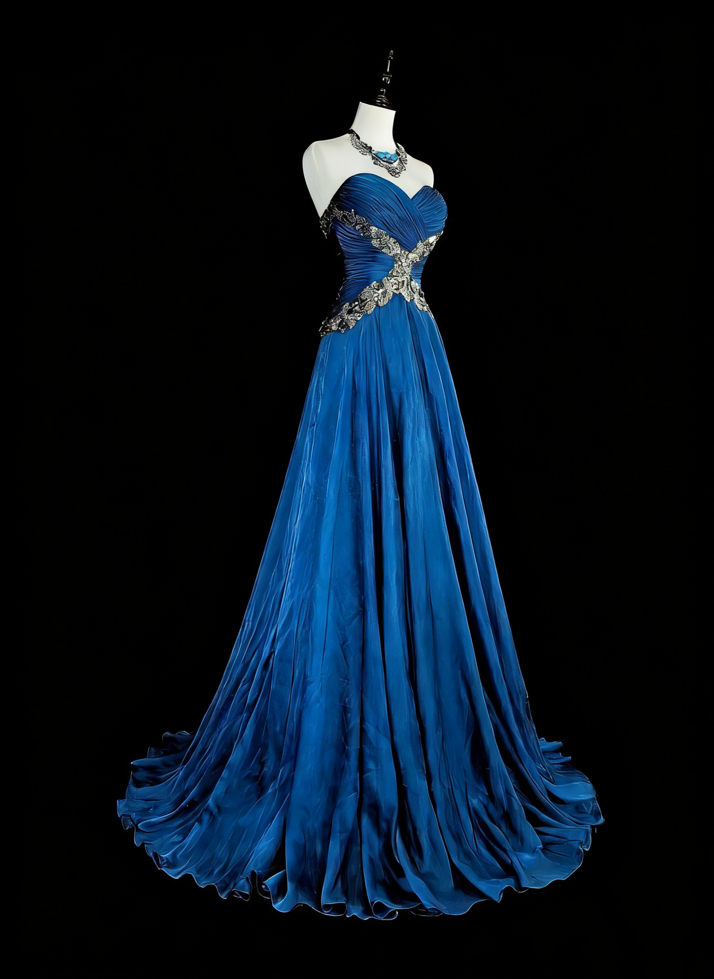 Robe de bal longue vintage en mousseline bleue Sweethart, coupe trapèze, N1824