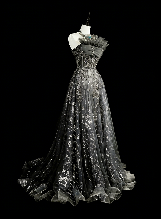 Vintage Prom Dresses Aesthetic 1960s Retro Ball Gown Grey Sequins Long Party Dress N2147