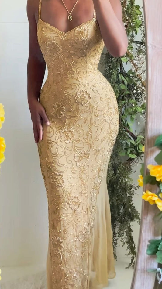 Chic Mermaid Spaghetti Strap Yellow Lace Long Prom Dresses For High School People Girls Formal Evening Wedding Guest Gown N1007