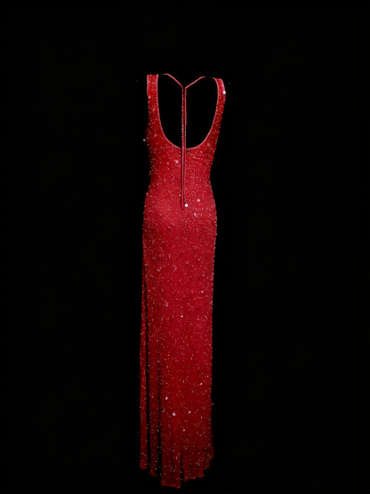 Robe fourreau rouge à sequins, col rond, style modeste, idéale pour une soirée formelle ou une remise de diplômes (N1155)