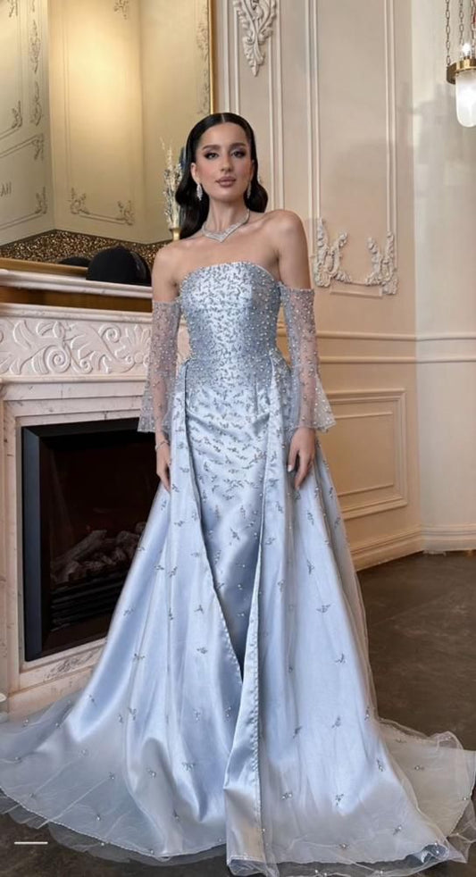 Customized Mermaid Prom Dresses Floor-Length Strapless Full Sleeve Evening Gown Simple Fashion Graduation Gown N885