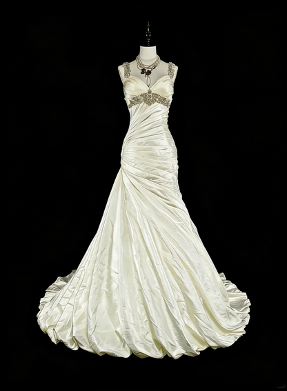 Vintage Brautkleid im Meerjungfrauenstil der 80er Jahre, elfenbeinfarben, figurbetont, figurbetont, N1609