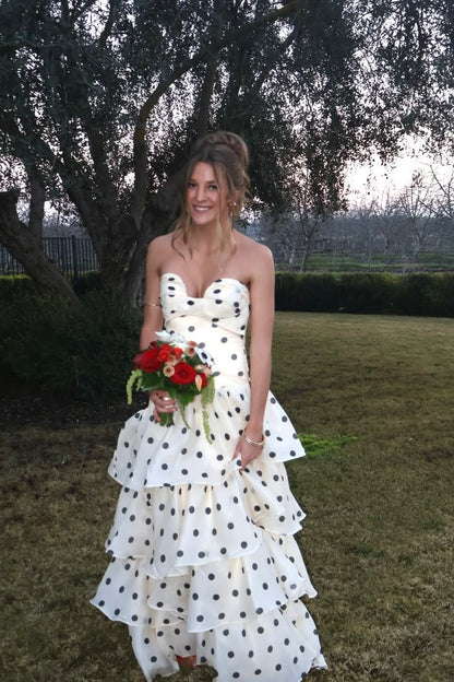 Sweetheart Black Polka Dots Chiffon Prom Dresses With Pleated And Ruffles Formal Dresses N592
