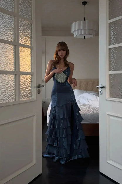 Robe de bal longue sirène fourreau à col en V, bleu marine à paillettes fines, N593