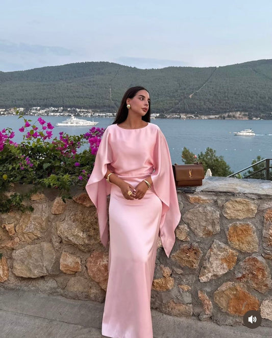 Women's Cocktail Party Gowns Mermaid Scoop Neck Pink With Pleated Ruched Cape Graduation Dinner Outfits Prom Dresses AB1881