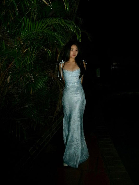 Modest Mermaid Spaghetti Strap Light Sky Blue Satin Long Prom Dresses Inspo Prom Gowns N294