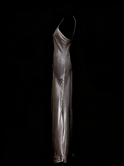 Robe fourreau grise à fines bretelles, style vintage années 80, 70 et 90, idéale pour une soirée étudiante ou un bal de fin d'année (N1153)