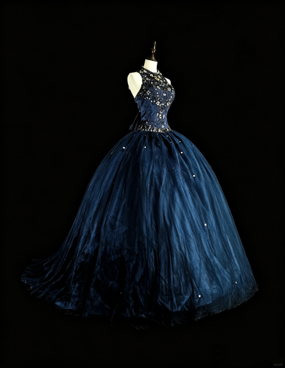Bescheidene Abschlussballkleider Ballkleid Marineblau Tüll Ärmellos Sweet 16 Kleid Formelle Abendgarderobe N3515