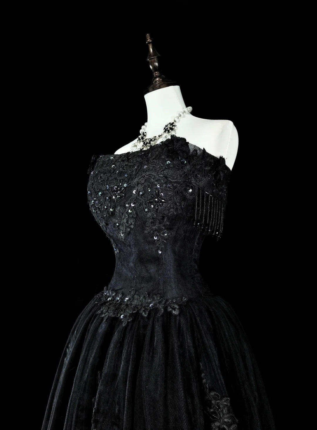 Vintage Prom Dresses Ästhetik 1970er Retro Ballkleid Trägerloses Schwarzes Tüll Langes Abendkleid N2152