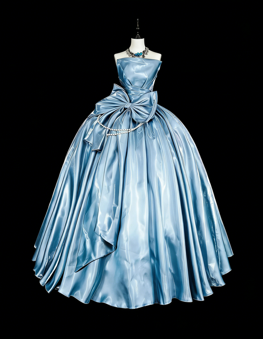 Princess Ball Gown Strapless Light Sky Blue Satin With Bow-knot Sweet 16 Dresses Quinceanera Dress N3417