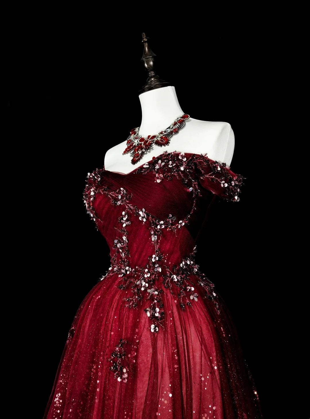 Robe de bal vintage style années 50, robe de bal rétro élégante à épaules dénudées bordeaux longue avec appliques N1995