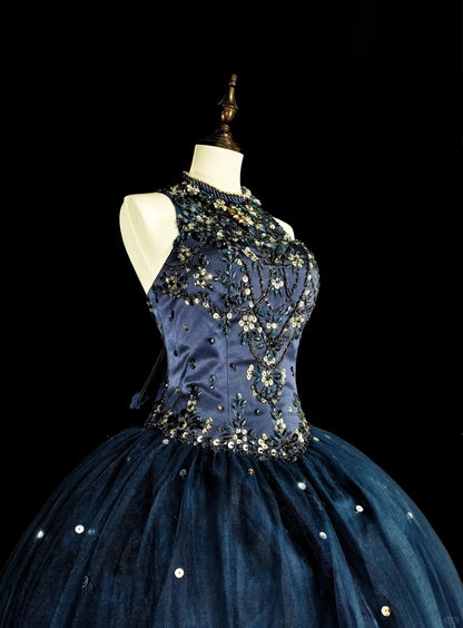 Bescheidene Abschlussballkleider Ballkleid Marineblau Tüll Ärmellos Sweet 16 Kleid Formelle Abendgarderobe N3515