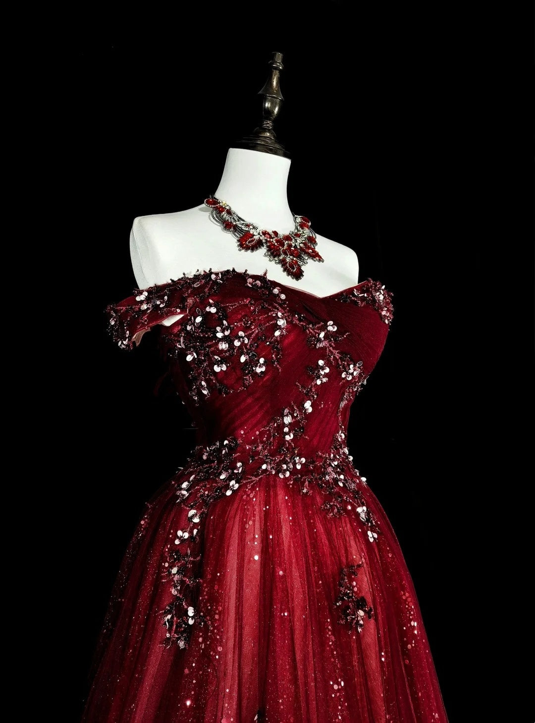Robe de bal vintage style années 50, robe de bal rétro élégante à épaules dénudées bordeaux longue avec appliques N1995