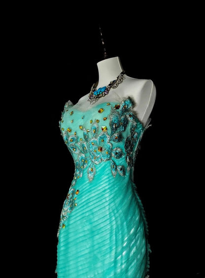 Vintage Prom Dresses Aesthetic Mermaid Sweetheart Green Tulle With Appliques Long Formal Dress N2160