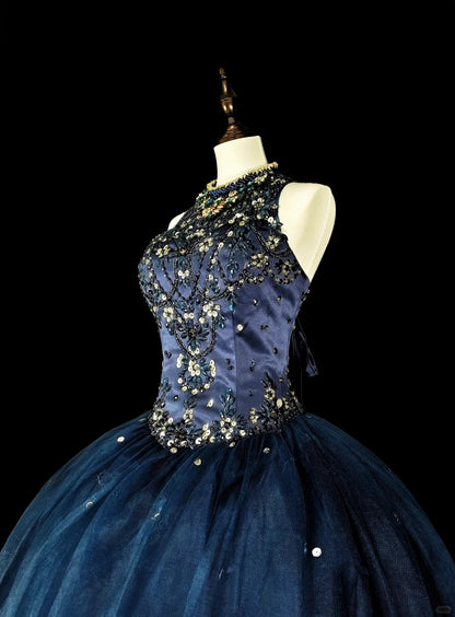 Bescheidene Abschlussballkleider Ballkleid Marineblau Tüll Ärmellos Sweet 16 Kleid Formelle Abendgarderobe N3515