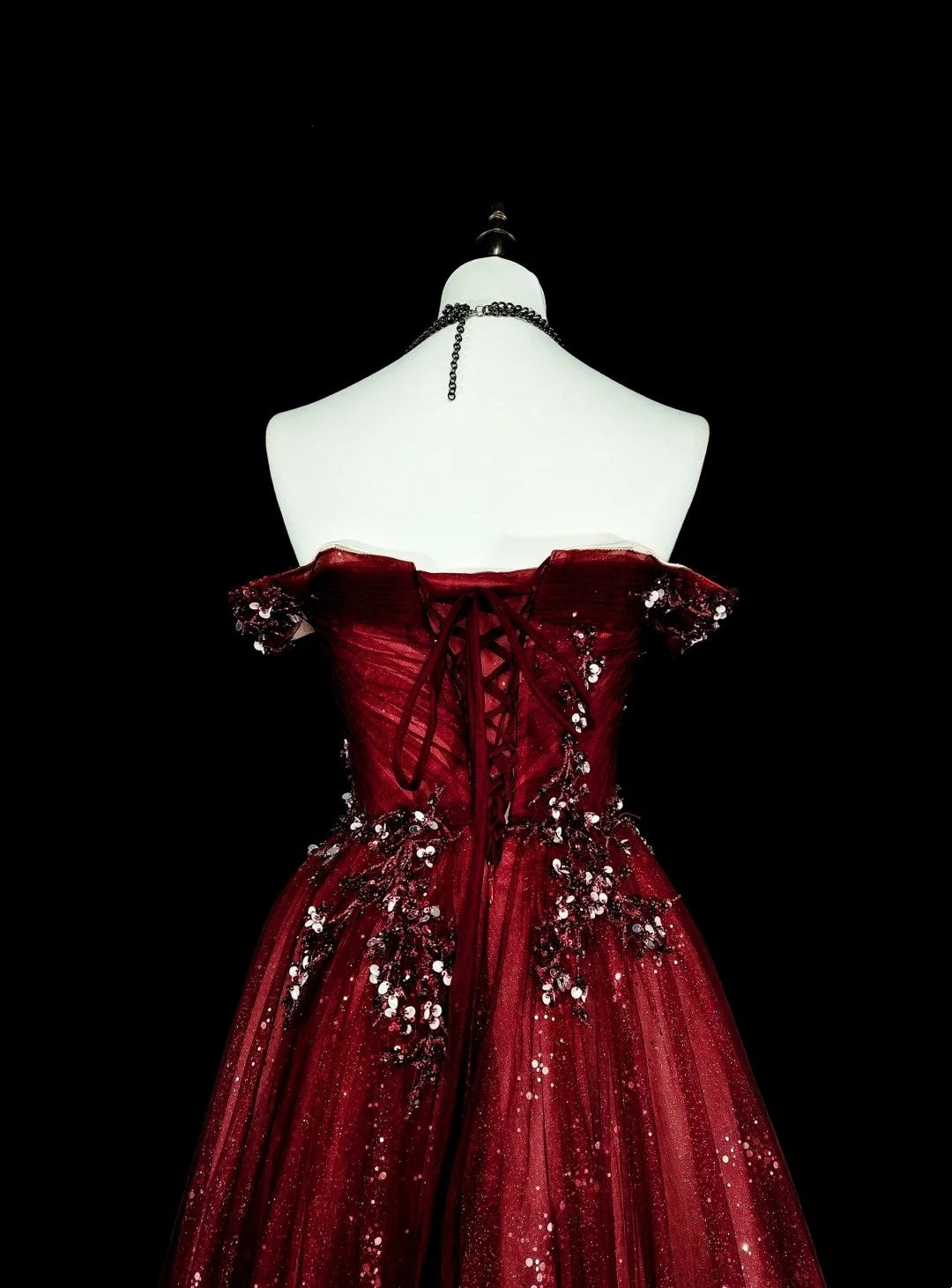 Robe de bal vintage style années 50, robe de bal rétro élégante à épaules dénudées bordeaux longue avec appliques N1995