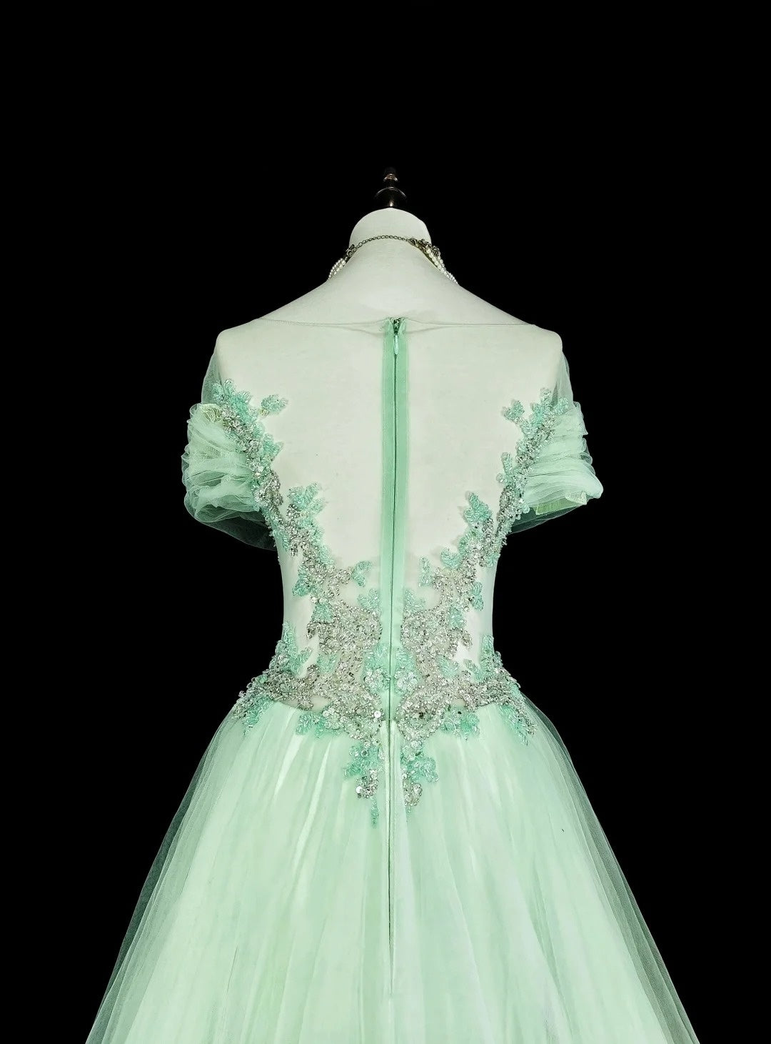 Verträumte Ballkleider Vintage 80er Retro Off-Shoulder Mintgrün Tüll Spitze Lange Formelle Outfits N2365