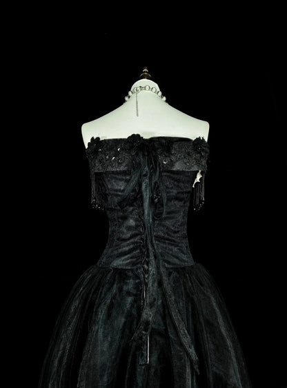 Vintage Prom Dresses Ästhetik 1970er Retro Ballkleid Trägerloses Schwarzes Tüll Langes Abendkleid N2152