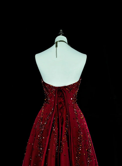 Vintage-Ballkleider A-Linie Trägerlos Burgunder Tüll Mit Perlenbesetztem Oberteil Langes Partykleid N2377