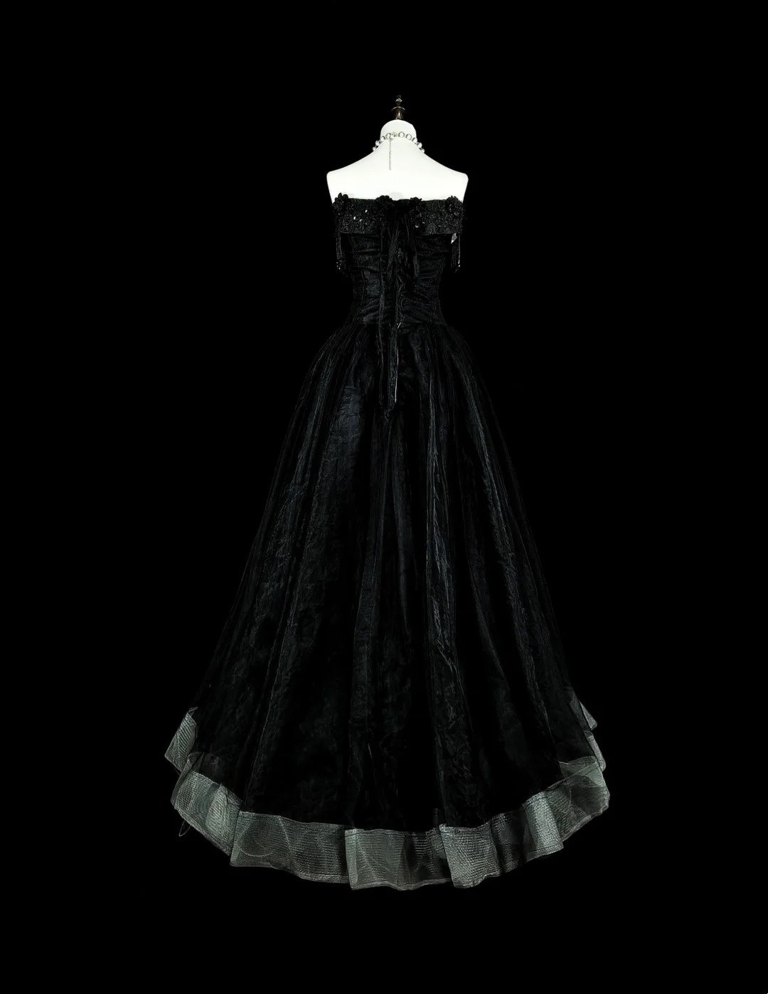 Vintage Prom Dresses Ästhetik 1970er Retro Ballkleid Trägerloses Schwarzes Tüll Langes Abendkleid N2152