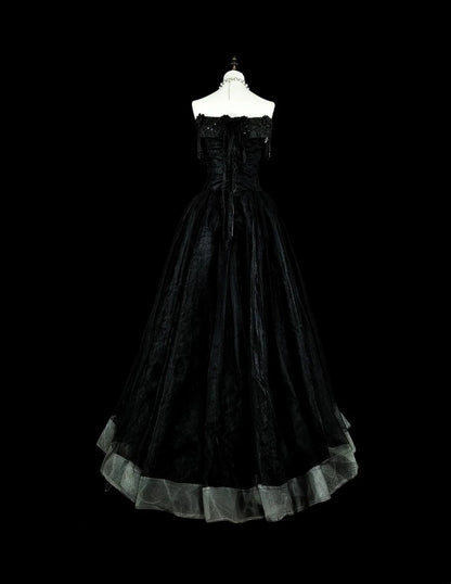 Vintage Prom Dresses Ästhetik 1970er Retro Ballkleid Trägerloses Schwarzes Tüll Langes Abendkleid N2152