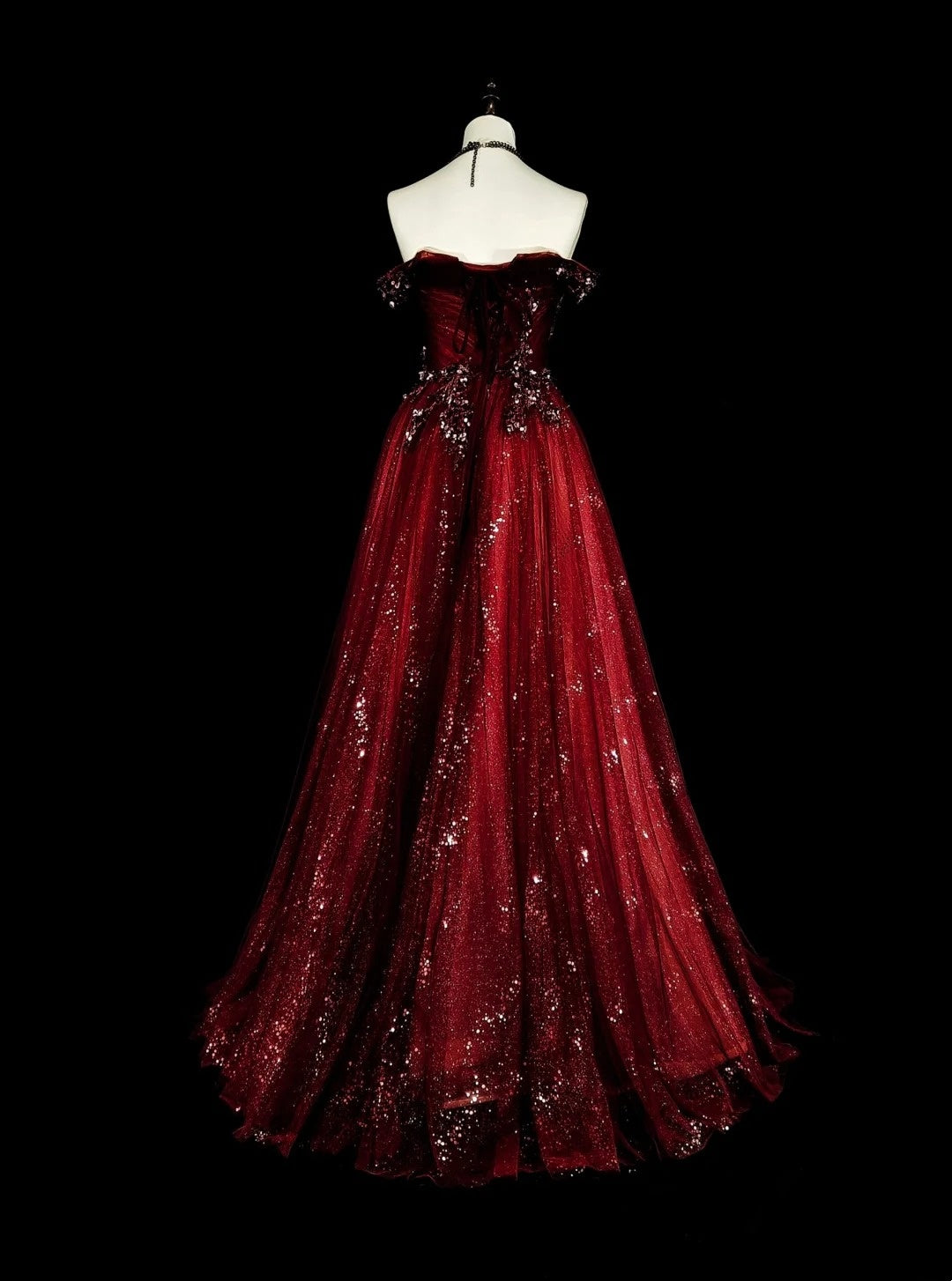 Robe de bal vintage style années 50, robe de bal rétro élégante à épaules dénudées bordeaux longue avec appliques N1995