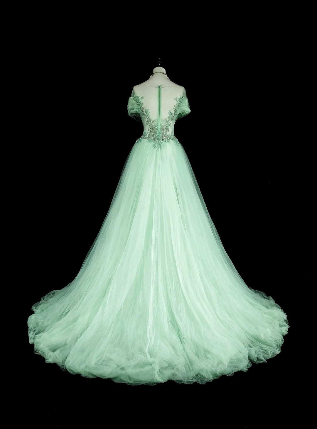 Verträumte Ballkleider Vintage 80er Retro Off-Shoulder Mintgrün Tüll Spitze Lange Formelle Outfits N2365