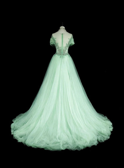Verträumte Ballkleider Vintage 80er Retro Off-Shoulder Mintgrün Tüll Spitze Lange Formelle Outfits N2365
