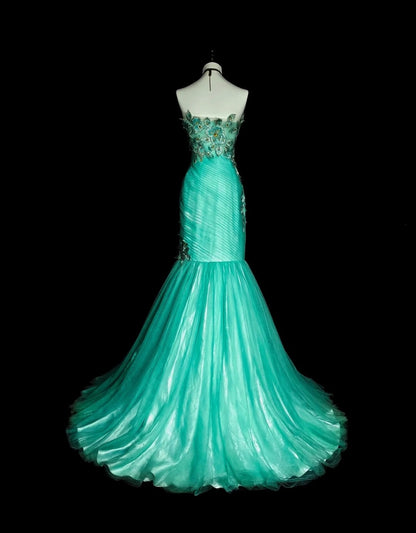 Vintage Prom Dresses Aesthetic Mermaid Sweetheart Green Tulle With Appliques Long Formal Dress N2160