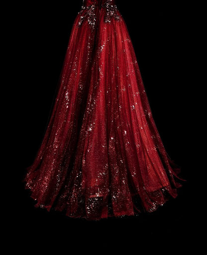 Robe de bal vintage style années 50, robe de bal rétro élégante à épaules dénudées bordeaux longue avec appliques N1995