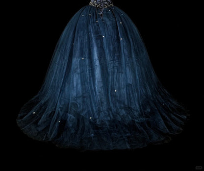 Bescheidene Abschlussballkleider Ballkleid Marineblau Tüll Ärmellos Sweet 16 Kleid Formelle Abendgarderobe N3515