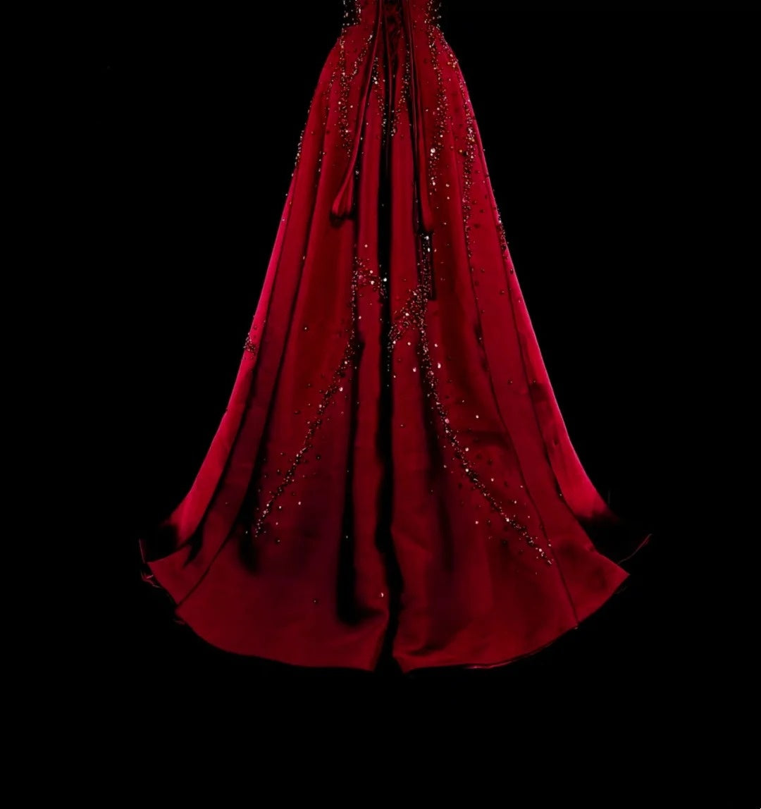 Vintage-Ballkleider A-Linie Trägerlos Burgunder Tüll Mit Perlenbesetztem Oberteil Langes Partykleid N2377
