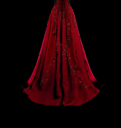 Vintage-Ballkleider A-Linie Trägerlos Burgunder Tüll Mit Perlenbesetztem Oberteil Langes Partykleid N2377